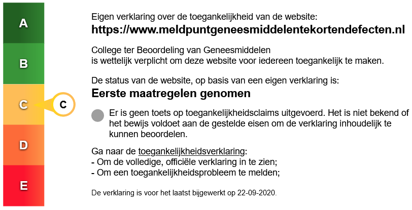 Het toegankelijkheidslabel van de website Meldpunt geneesmiddelentekorten en -defecten.